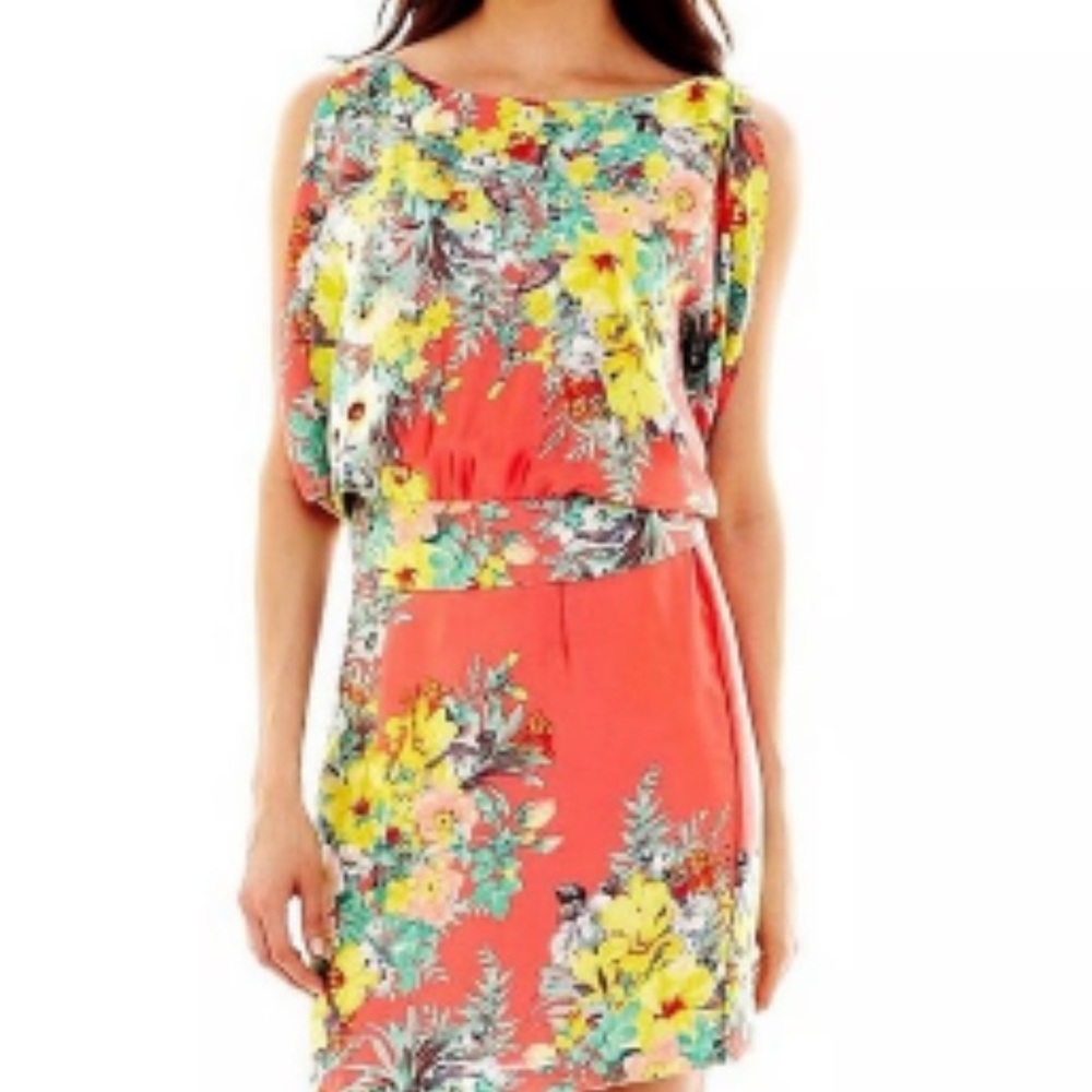 Bisou Bisou Silky Salmon Pink Floral Above Knee Women’s Dress Size 6